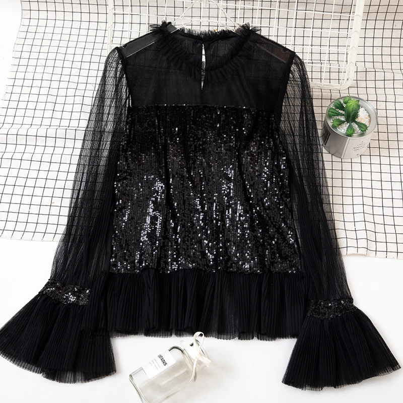 2019 Женская модная сетчатая блузка с пайетками рубашка перспективная Сексуальная