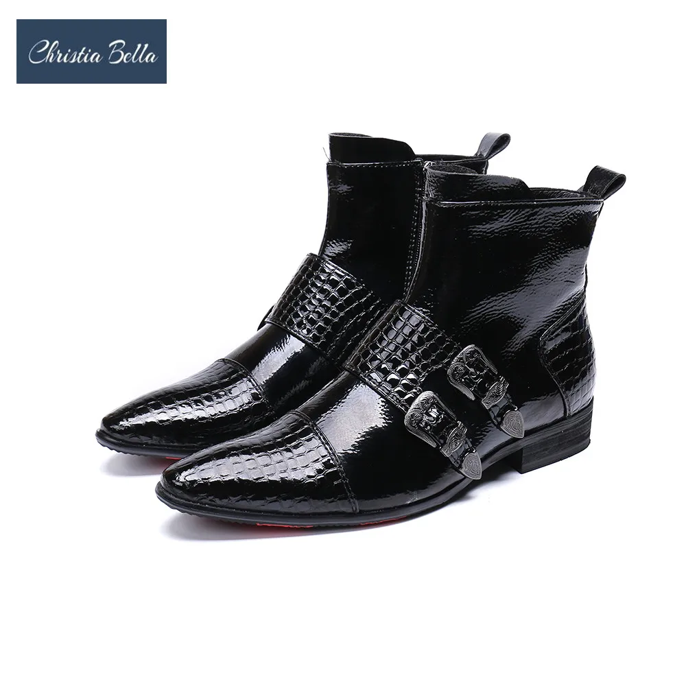 

Christia Bella New Men Shoes Boots Western Cowboy Ankle Boots Men Pointed Buckles Black Leather Botas Hombre Runway Party Boots