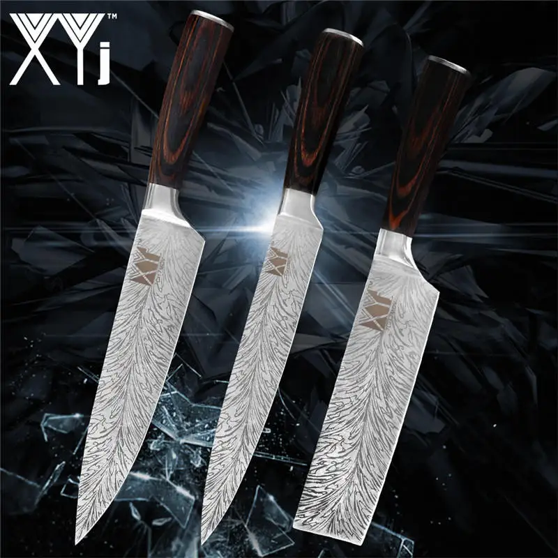 I.3pcs set XYj, 8 шт., набор ножей из нержавеющей стали, дамасский узор, лезвие, цветная деревянная ручка, точилка для ножей, кухонный 6 ''8'', подставка для ножей - Цвет: I.3pcs set