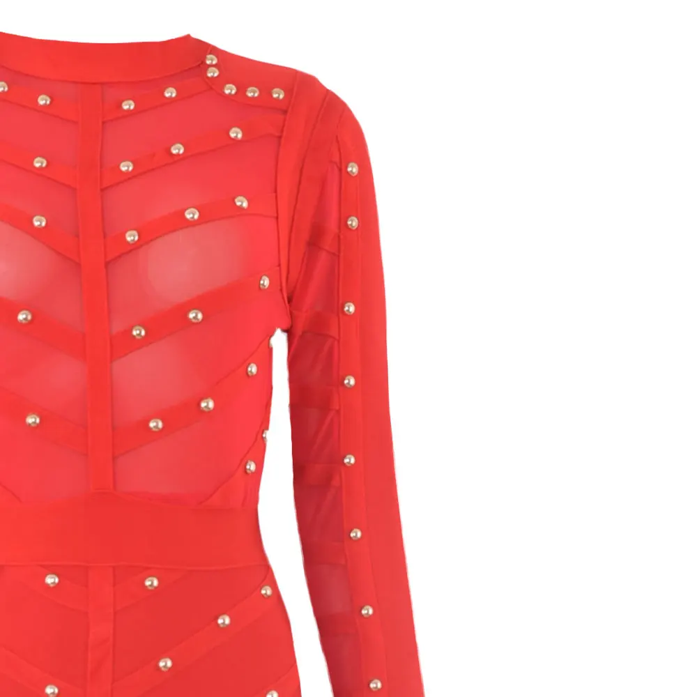 red 2020 new fashion sexy lady nail beaded mesh long sleeve knee length autumn winter bodycon party bandage dress | Женская одежда