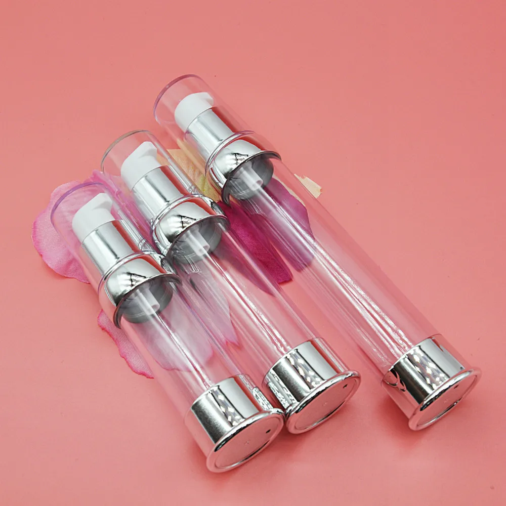 Новый дизайн: 30 мл прозрачная безвоздушная бутылка с УФ серебряным насосом и дном