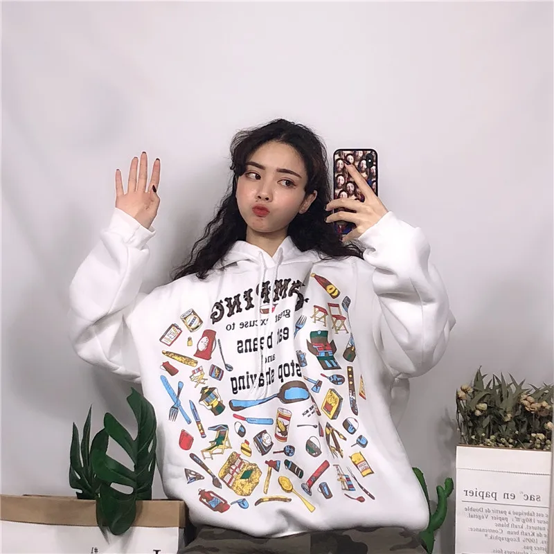

Student Harajuku Loose Sweatshirts Women Casual Cartoon Print Drop Shoulder Fleece Hooded Hoodies Female Spring All Match Tops