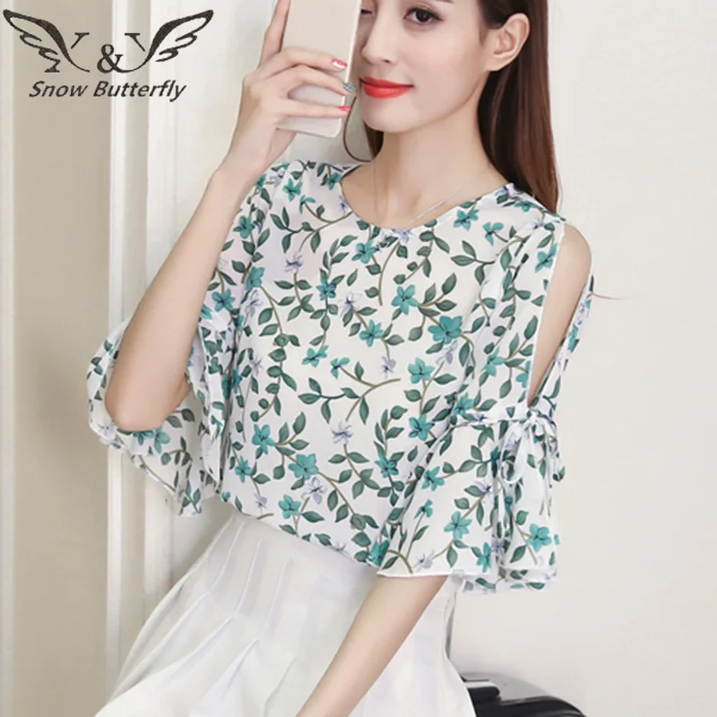 2019 летняя шифоновая блузка женские блузки модные корейские с открытыми плечами