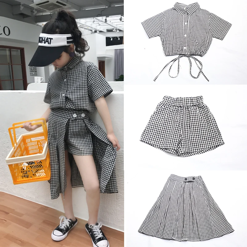 Костюм для девочек Новинка лета 2019 детская клетчатая рубашка с коротким рукавом