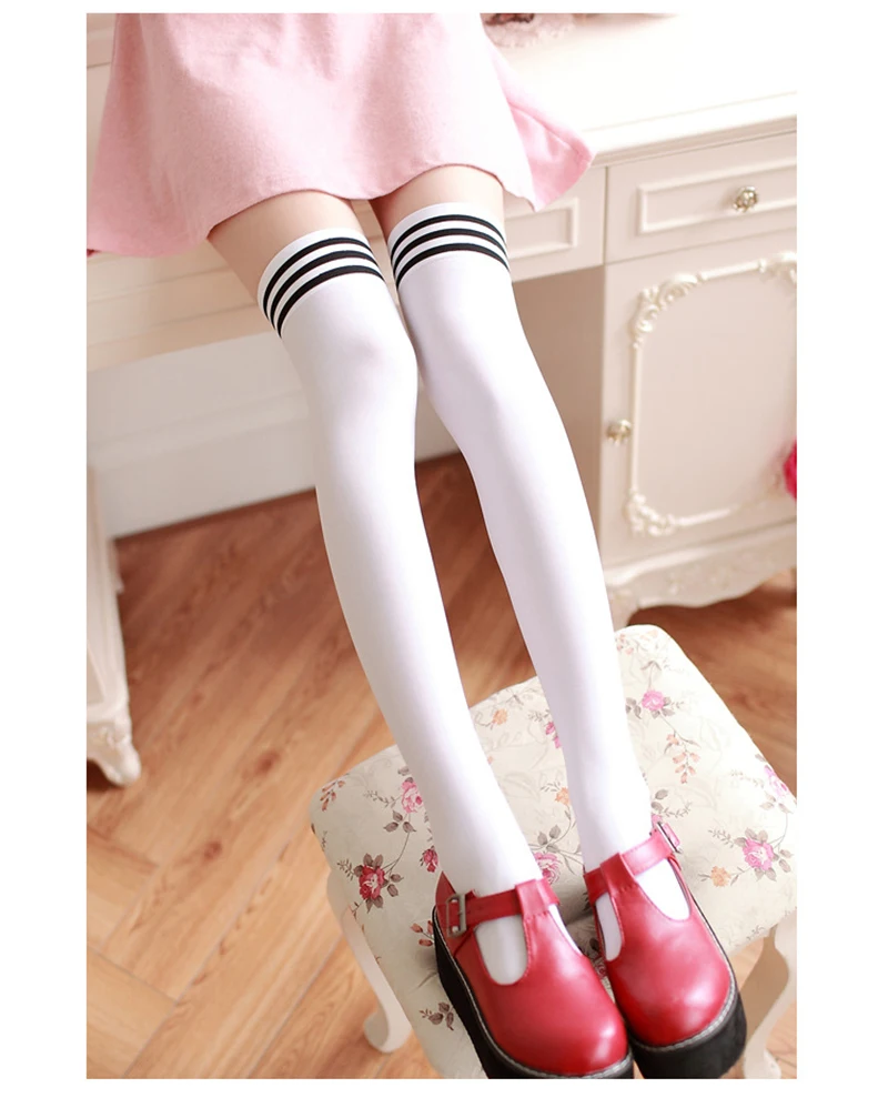 

1 Double Lolita Velvet Base Socks Black Pantyhose Woman'S Kawaii White Striped Stockings Leisure Campus Knee Socks Sexy Costume