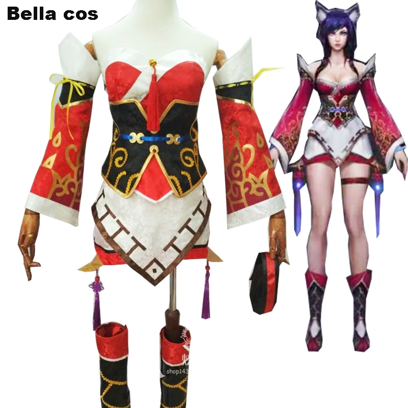 Лидер продаж костюм для косплея из игры LOL nine tailed fox Ahri красное платье с белыми