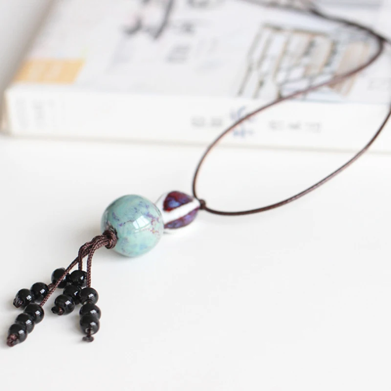 Простое керамическое ожерелье в этническом стиле на цепочке для свитера женщин