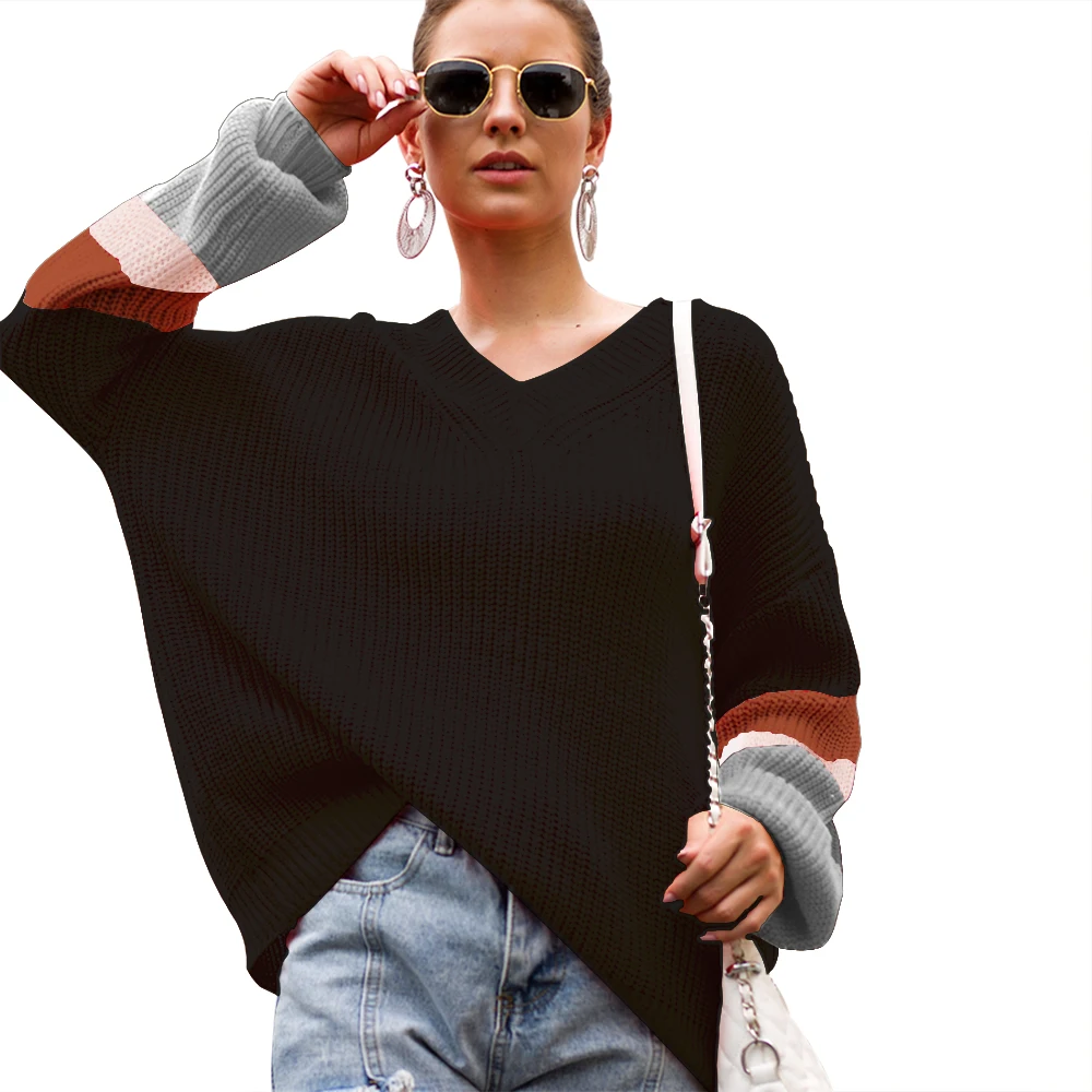 Adogirl Vintage Striped Patchwork V Neck Women Sweaters Pullovers Loose Knitted Autumn Winter Female Clothing Casual | Женская одежда