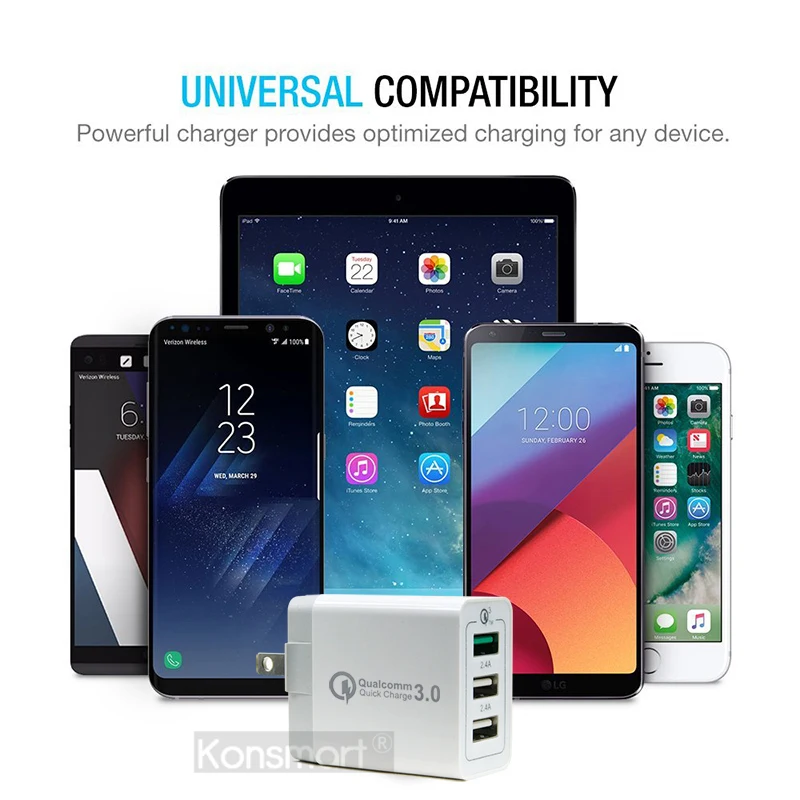 Зарядное устройство KONSMART с 3 USB-портами 30 Вт Quick Charge 0 | Мобильные телефоны и
