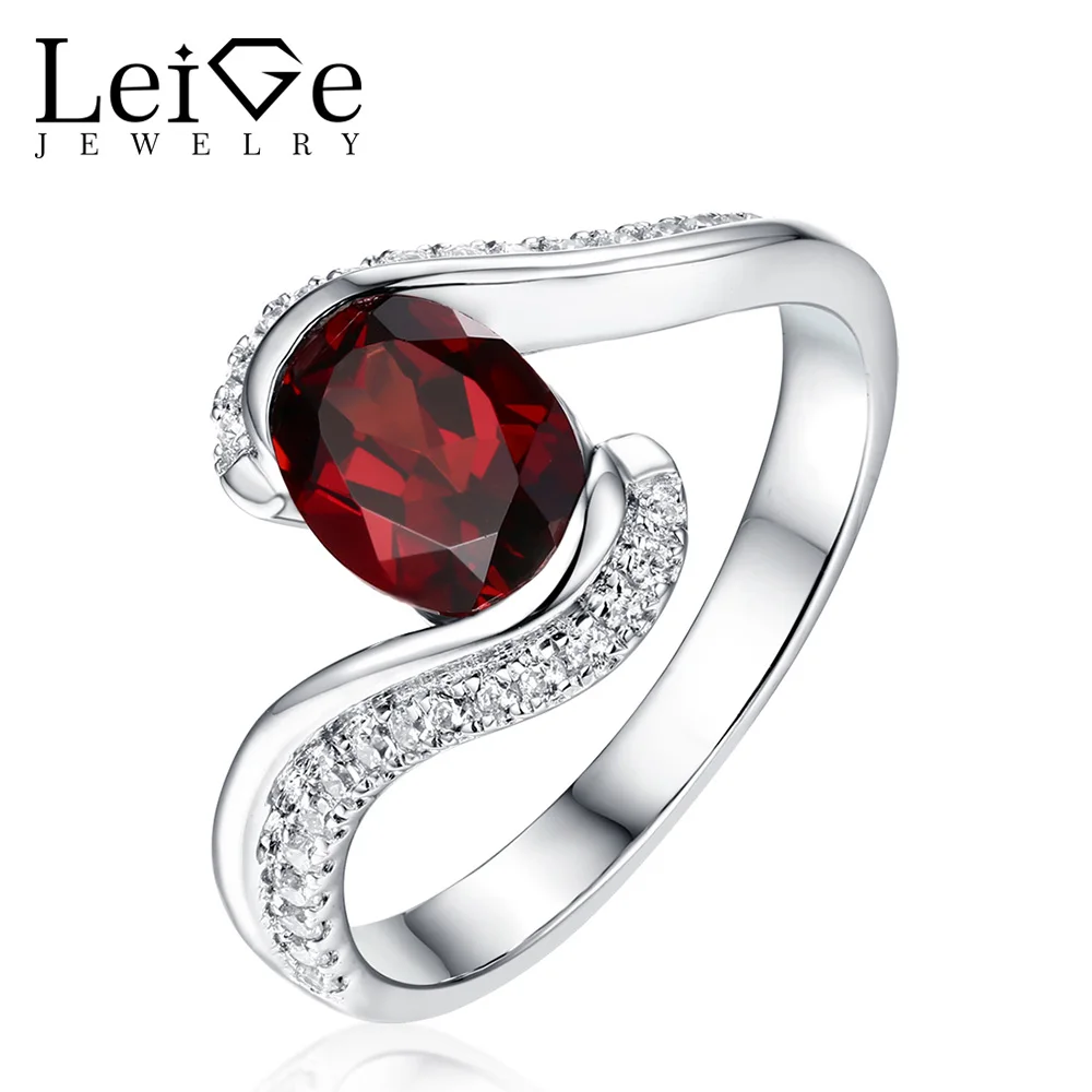 

Leige Jewelry Red Garnet Ring Fine Jewelry Natural Gemstone Silver Oval Cut Bezel Setting Wedding Rings for Women Christmas Gift