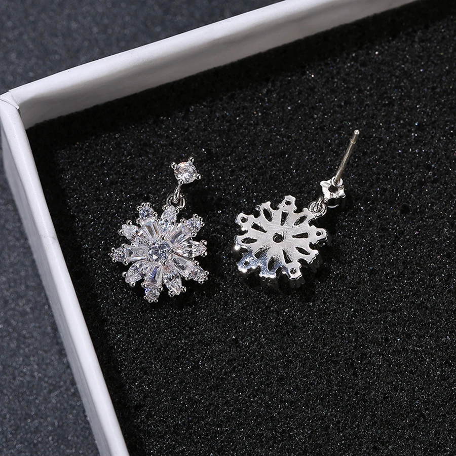 silver bohemian earrings with shiny cubic zircon high quality nickel free plating snow flak design earings jewelry gift | Украшения и