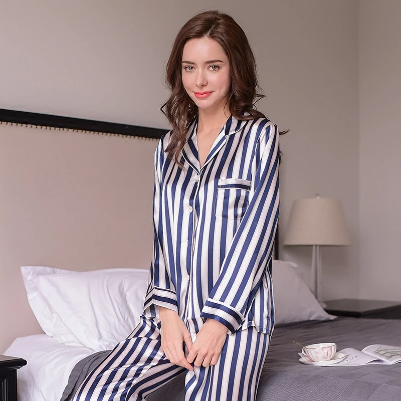 Fashion Genuine Silk Women Pajamas Striped Printed Long-Sleeve Pyjama Long Pants Sets 100% Silkworm Silk Sleepwear Female T8131