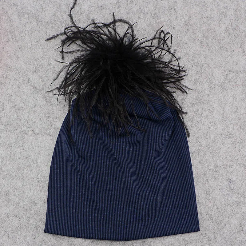 Navy blue 3 GZHILOVINGL/Новинка года; стильная зимняя теплая Шапка-бини в рубчик для женщин; настоящий Страус для девочек; меховая шапка с помпонами - Цвет: Navy blue 3