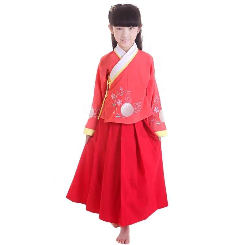 

Children Chinese Traditional Costume Top+Skirt Girl Hanfu Costume Red Cosplay Chinese Folk Dance Wear