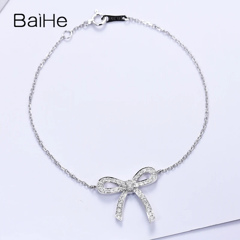 

BAIHE Solid 18K White Gold 0.11ct H/SI Natural Diamond Big/small Bowknot Bracelet Women Gift Trendy Fine Jewelry Pulsera de lazo