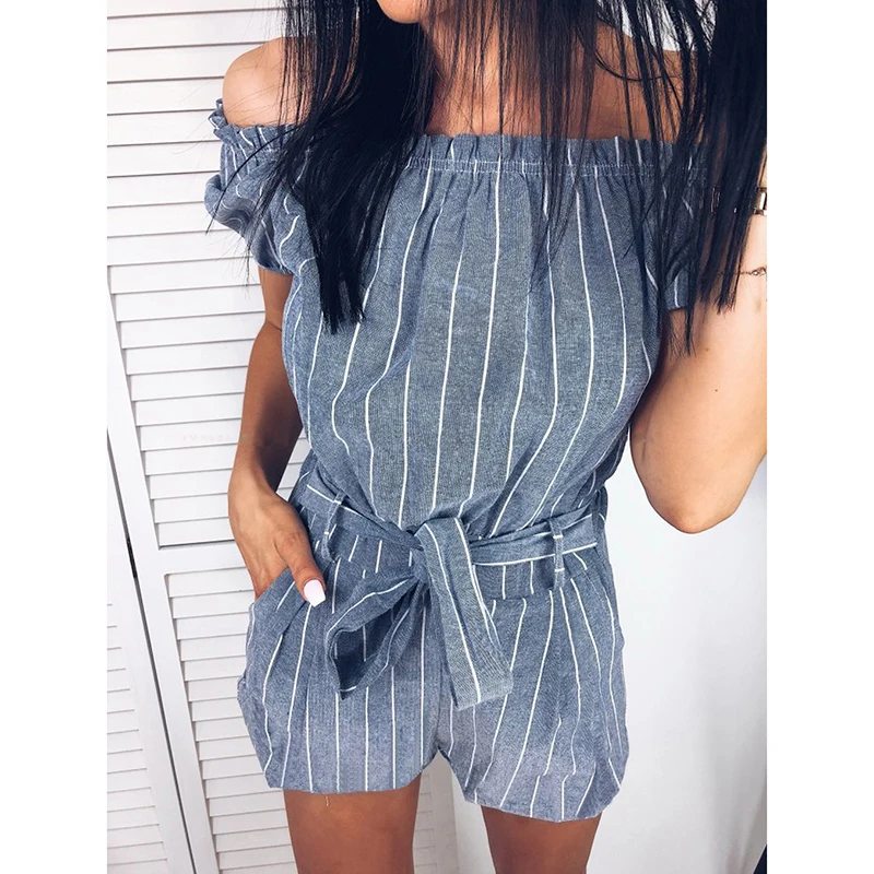 Сексуальный комбинезон с открытыми плечами полосатые комбинезоны в стиле бохо