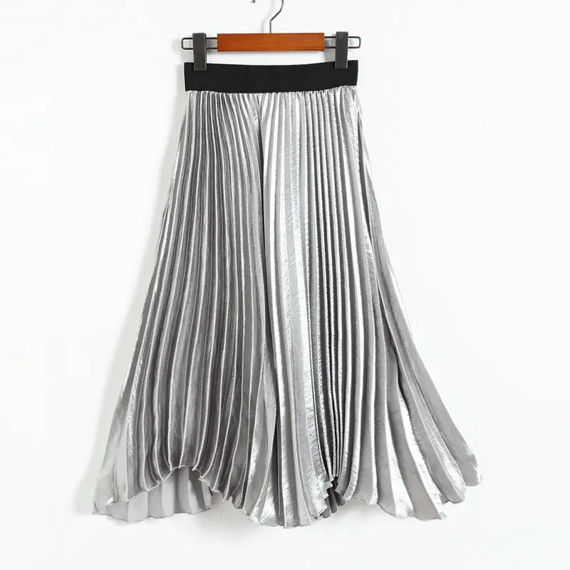 New Vintage Women High Waisted Metallic Luster Skater Pleated Skirt Spring Summer Autumn Fall Solid Flared Mid Calf Skirts | Женская