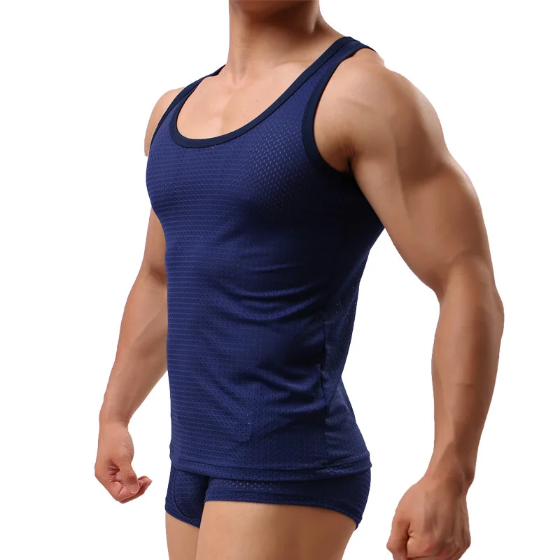 

Summer Men's Undershirt O-Neck Mesh Ice silk Tops Hollow Breathable Tank Tops Men Tight Fitting Sleeveless Sexy Tanks Vest
