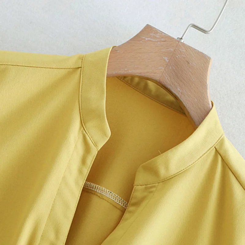 2019 модная весенняя женская желтая рубашка со складками и воротником-стойкой