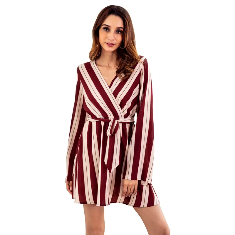 Осенние полосатые сексуальные платья с v образным вырезом и длинным рукавом