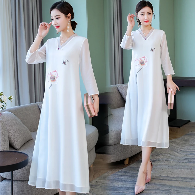 2019 Women Printed Chiffon Summer Fashion Dress Fit and Flare Elegant Natural Factors V-Neck Three Quarter Sleeve Female Dresses | Женская