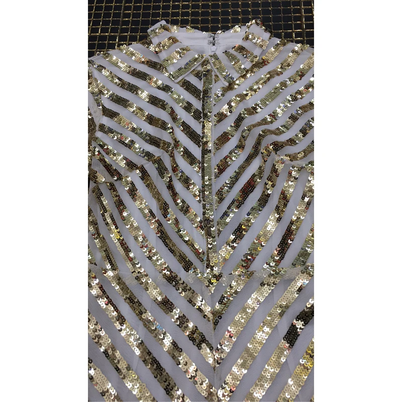 

New Style White With Gold Patchwork Women Dress High Quality Long Sleeve Shining Sequin Evening Party Dresses Vestidos Wholesale