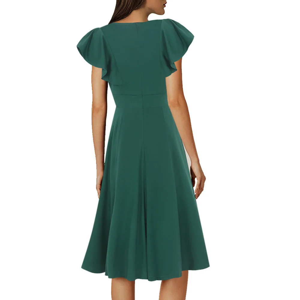 Berydress V Neck Butterfly Sleeve Fit and Flare Women Dress Empire Waist Green Midi Vestidos Casual Yellow Summer Dresses 2018 | Женская