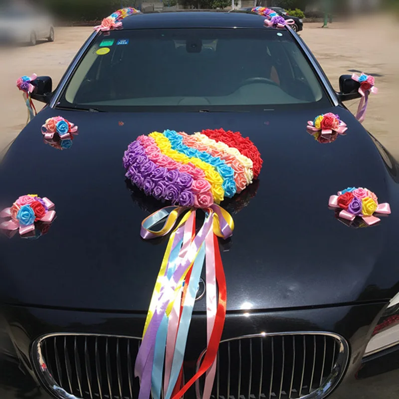As Picture Rainbow Wedding Car Decoration Sets Artificial Flowers Wedding Docoration Foam Roses Decorative Wreath DIY Wholesale - Color: As Picture