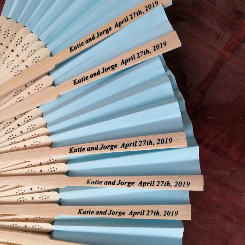 

100pcs lot 17colors Personalized Paper Bamboo Folding hand fans Anniversary Birthday souvenir Wedding bridal shower party favors