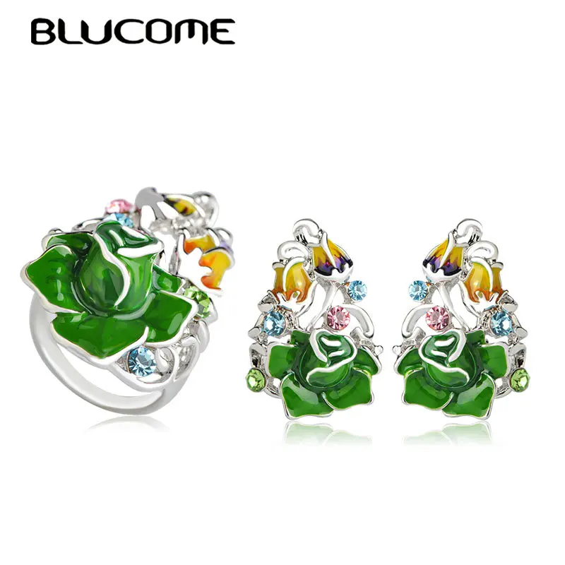 Женский комплект украшений Blucome из сережек и кольца с зелеными розами вечерние