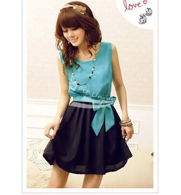 Women's Stylish Crew Neck Sleeveless Temperament snow spins have belt/dress/skirt /women's Chiffon dress free shipping 3804 | Женская