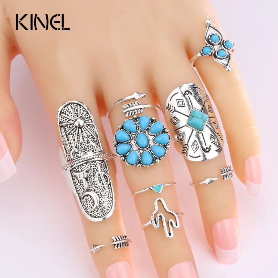 Женское кольцо Kinel Винтажное в стиле стимпанк с синими камнями 9 шт./компл.|knuckle rings
