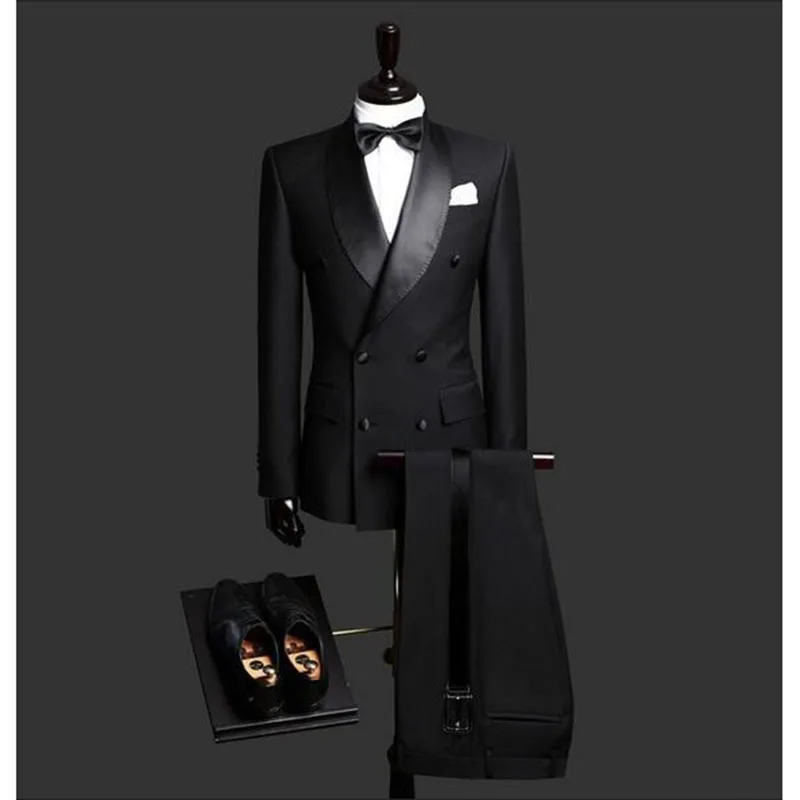 

Облегающий черный мужской блейзер из 2 предметов по индивидуальному заказу, двубортный костюм, мужские свадебные костюмы, смокинги для жени...