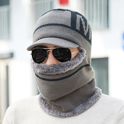 Зимние шапки Skullies Beanies шапка для мужчин и женщин шерстяной вязаный теплый плюшевый шарф шапки Балаклава маска Gorras Bonnet вязаная Лыжная шапка для снежной погоды - Цвет: gray