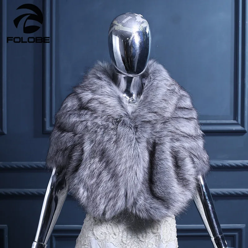 FOLOBE Fashion Grey Faux Fur Wedding Cape Warm Female Wraps Shawl For Evening Party Prom Women Winter Shawls |
