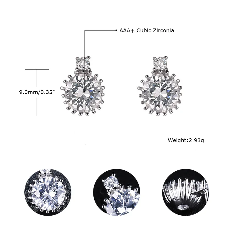 TAOLAN New Elegant Rhinestone Stud Earrings for Women Round Cubic Zirconia Lady's Piercing Rhodium Plated E684 | Украшения и