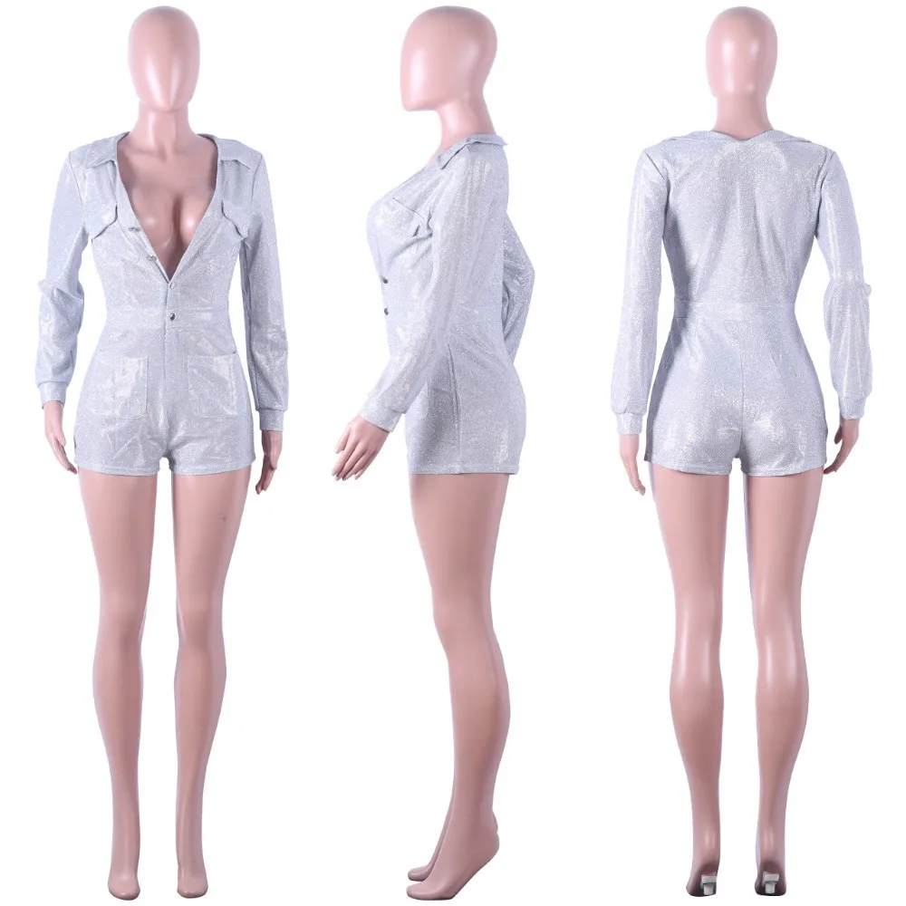 V образным вырезом длинный рукав для женщин Оболочка Короткие Bodycon Комбинезоны