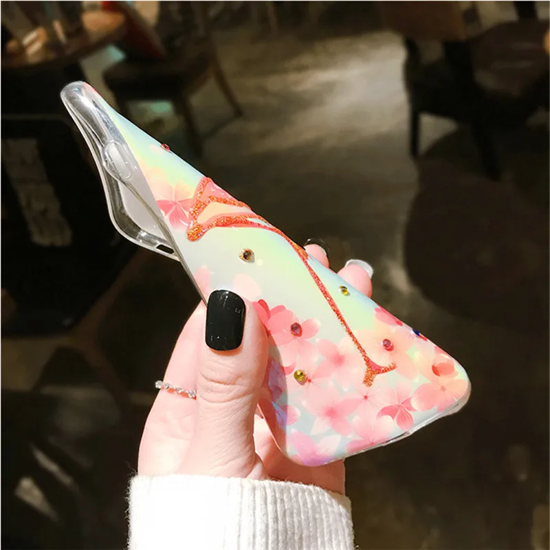 IMIDO Glitter Flamingo Phone case For iPhone 6 7 Plus Leaves Flower Jewelled Epoxy Soft Silicone 8 X back cover |