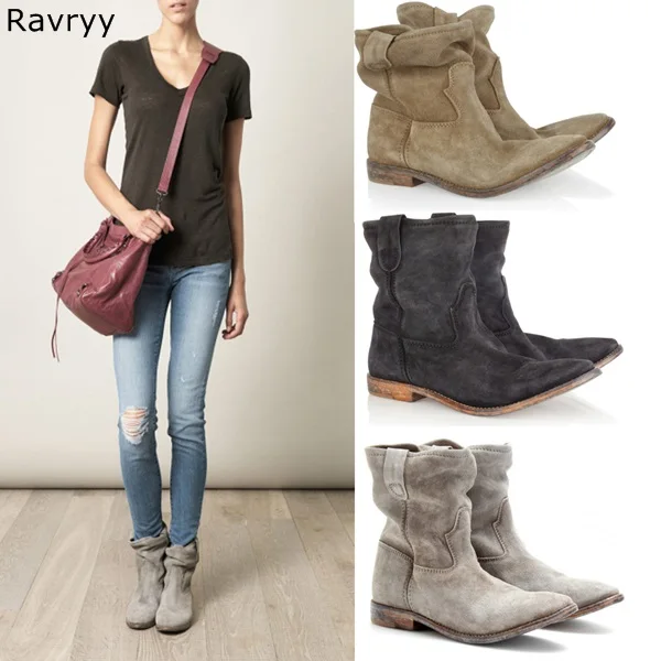 

Good Quality Gray Suede lather Woman Ankle Boots Concise Flat Short Boot Reatro Style Hot Fashion Autumn Winter Female Shoes