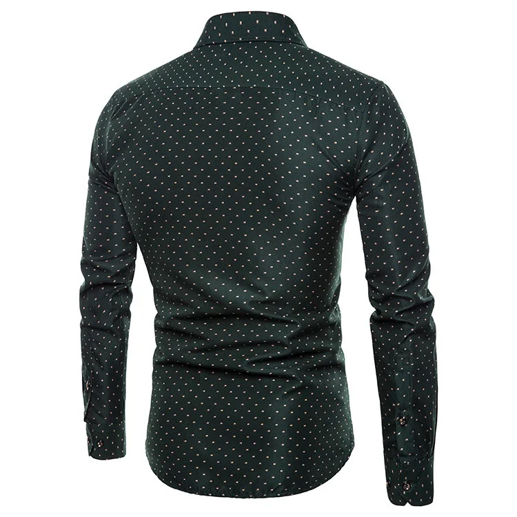 2019 Autumn New Men's Slim Fit Printed Shirt dark green Spot Dot Print Male Long Sleeve Plus Size M-5XL | Мужская одежда