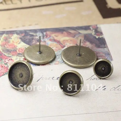 

14mm Antique Bronze tone Blank Earrings Base Circle Tray Brass Stud Pins Earrings Back Diy Cameo Cabs Jewellry Settings Findings