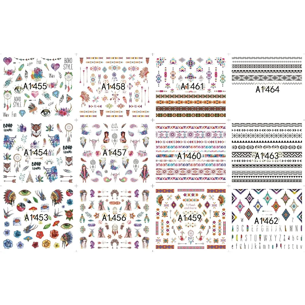 

UPRETTEGO 12 PACKS / LOT NAIL ART BEAUTY WATER DECAL SLIDER NAIL CARTOON TRIBE INDIANA TASSEL WHEEL HEAD DRESS A1453-1464