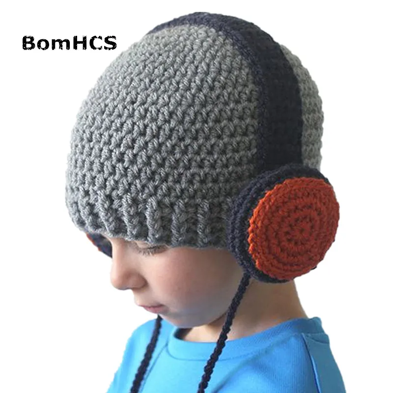 

Детская шапка BomHCS, 100% ручная работа, вязаная шапка с наушниками, ветрозащитная шапка для мальчиков и девочек (40-46 см)