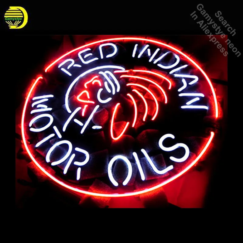 

NEON SIGN For RED INDIAN MOTOR OILS Signboard REAL GLASS BEER BAR PUB display RESTAURANT outdoor Light Signs 17*14" Dropshipping