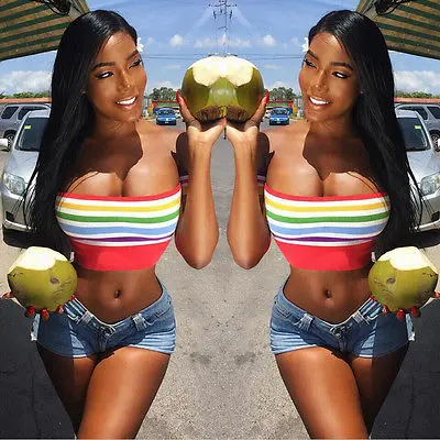 Новый Для женщин в радужную полоску с открытыми плечами короткий рукав Топ