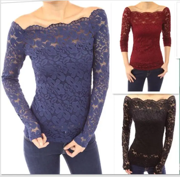 

Blusas, весна 2019, сексуальные женские рубашки с открытыми плечами, вырезом лодочкой, кружевные однотонные рубашки с длинным рукавом, Тонкий Пов...