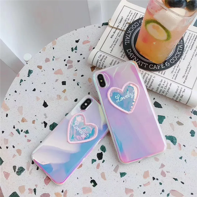 3D embroidery Love heart phone case for iphone 6 6s 7 8Plus shiny Laser soft tpu X XS Max XR cover |