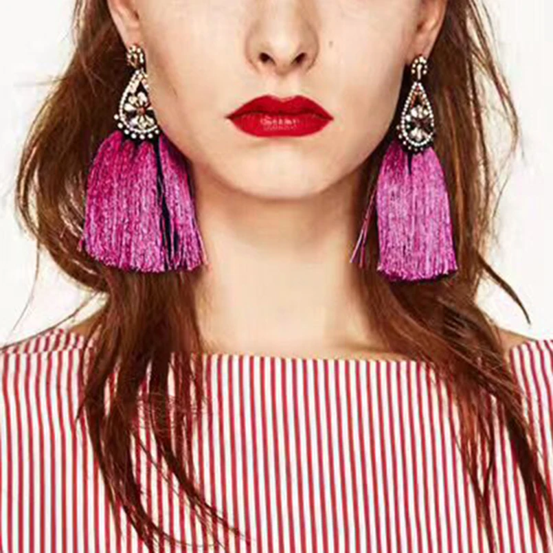 Manilai 4 цвета модные Стразы длинной кисточкой Длинные Висячие серьги для женщин