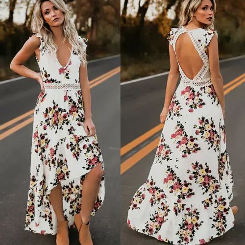 Женское летнее длинное платье в стиле бохо с цветочным принтом и V образным
