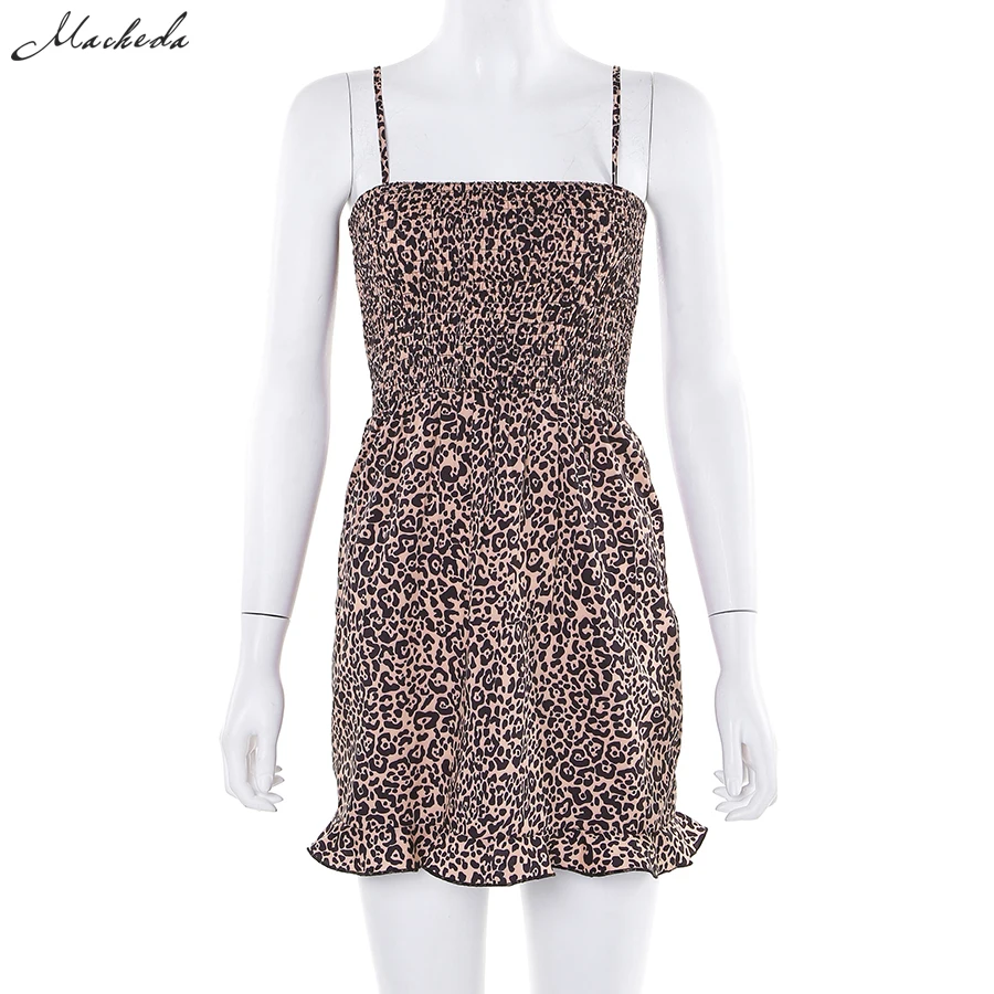 Macheda Autumn Leopard Print Mini Dresses Women Fashion Spaghetti Strap Ruffle Sleeveless Casual Short Dresses New